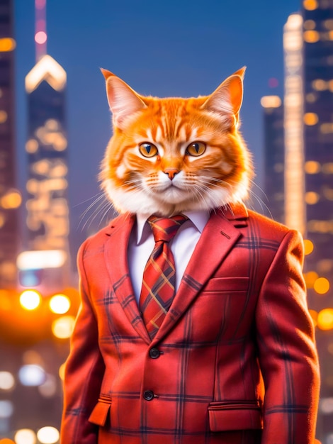 Orange cat wearing a red business suit