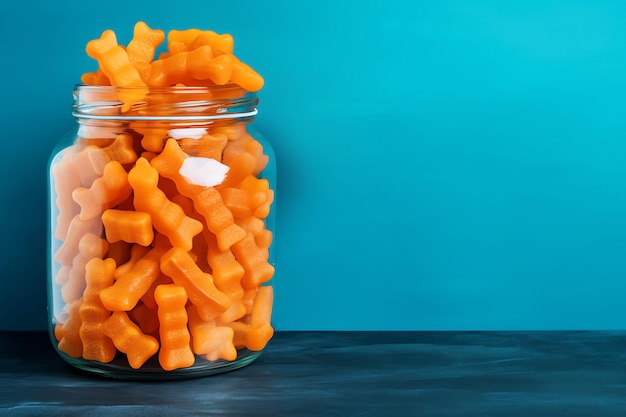 Orange chewy gummy candies with turmeric extract in a glass jar on a blue background