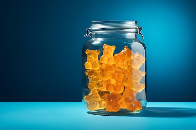 Orange chewy gummy candies with turmeric extract in a glass jar on a blue background