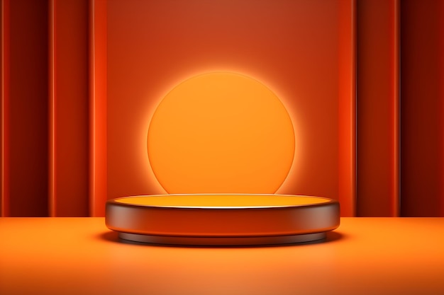 An orange circle with a round stand in front of a red wall.