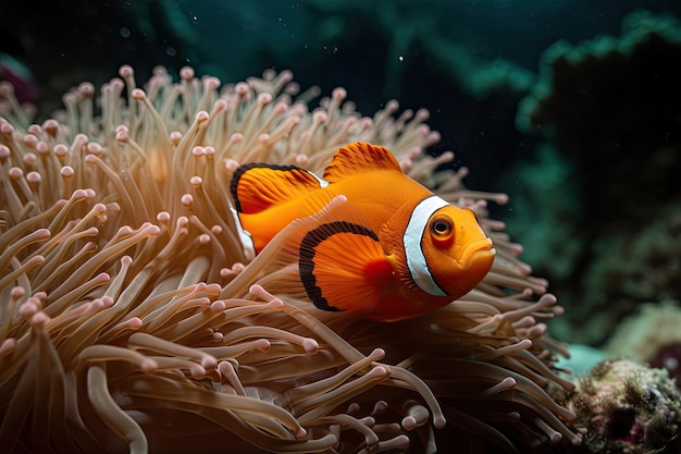 Orange clownfish swimming among vibrant sea anemones created with generative ai