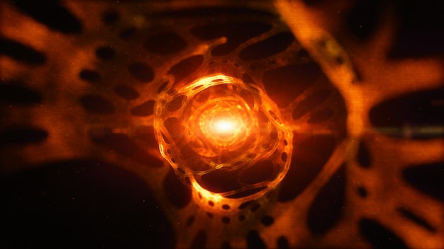 Orange color abstract technology tunnel and Digital particle flow