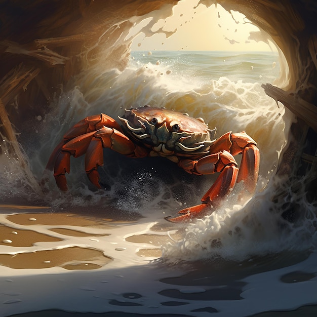 An orange color crab touched by the breaking waves