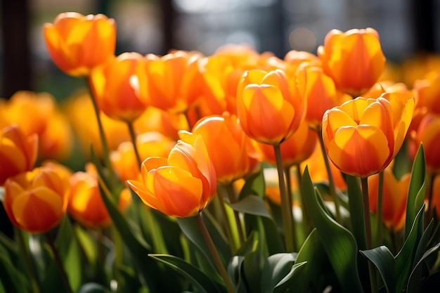 Orange color tulip flowers bloom in the garden