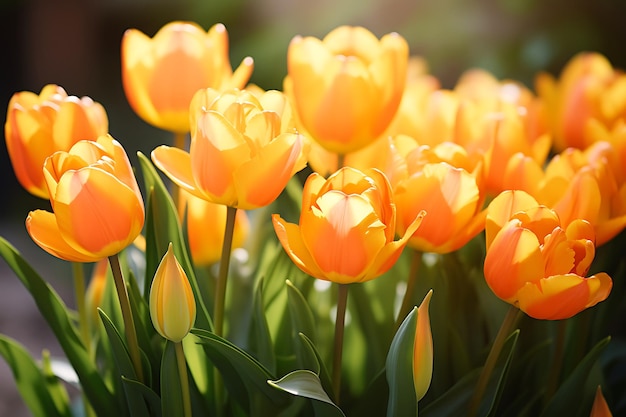 Orange color tulip flowers bloom in the garden