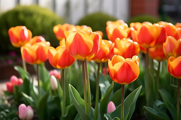 Orange color tulip flowers bloom in the garden