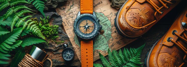 Photo orange compass watch vintage map and brown hiking boots lay ready for day of outdoor exploration