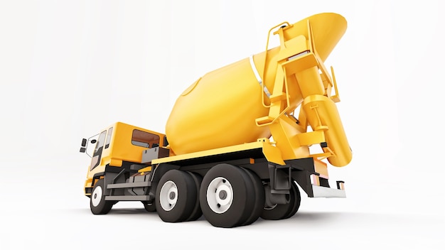 Photo orange concrete mixer truck white background. three-dimensional illustration of construction equipment. 3d rendering.