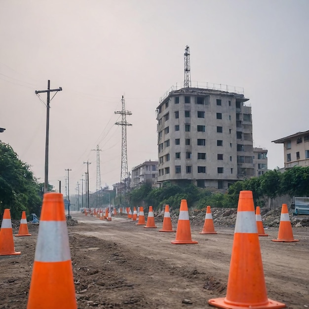 Orange cones are lined up on the side of a road