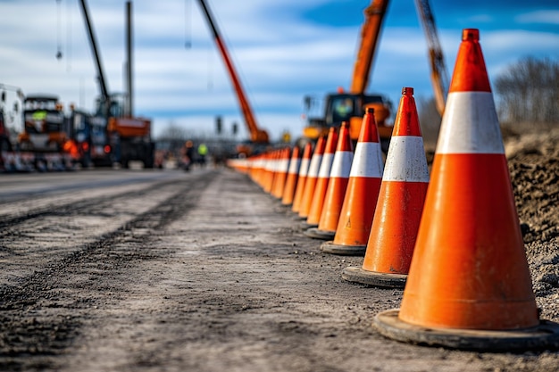 Photo orange cones lined up on a road with one being used to move a large orange object