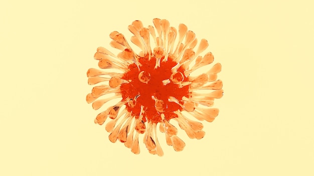 Orange Coronavirus jelly cell on yellow background. Sweet and medical concept. Bacterium jiggle movement. 3D illustration rendering