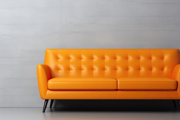 orange couch with a white backdrop minimalist living room