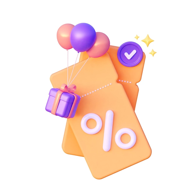 Orange coupon with balloons and gifts The concept of a holiday discount 3D rendering illustration