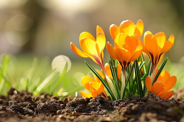 Orange crocuses grow in the ground natural background closeup