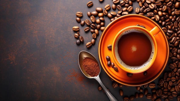 An orange cup with coffee and beans with a spoon of coffee powder on the side