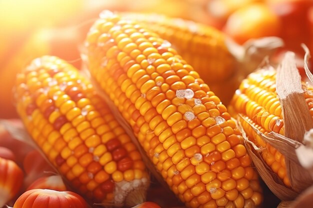 Orange decorative corn on the cob on blurred