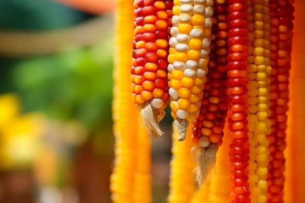 Orange decorative corn on the cob on blurred