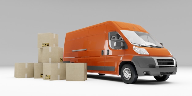 Orange delivery van with cardboard boxes