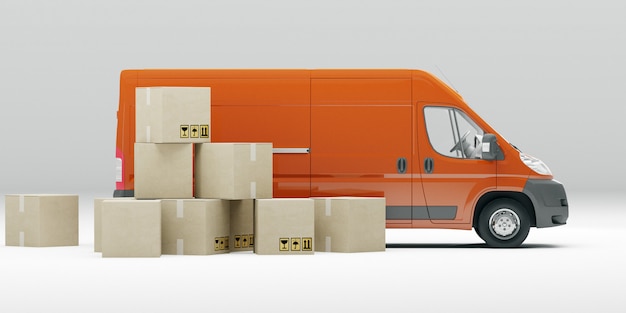 Orange delivery van with cardboard boxes