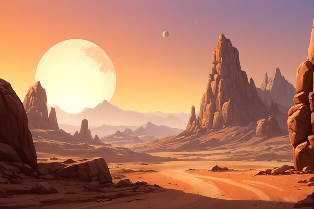 Photo orange desert with a gigantic moonrise