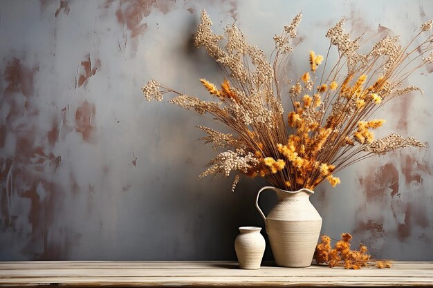 Orange dried flowers in autumn composition on shabby gray background copy space Generative AI