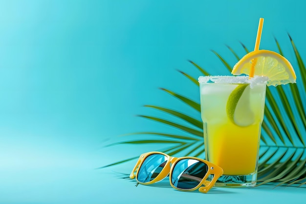 Orange drink Straw and sunglasses on blue background Summer holiday backgrounds with Copy space