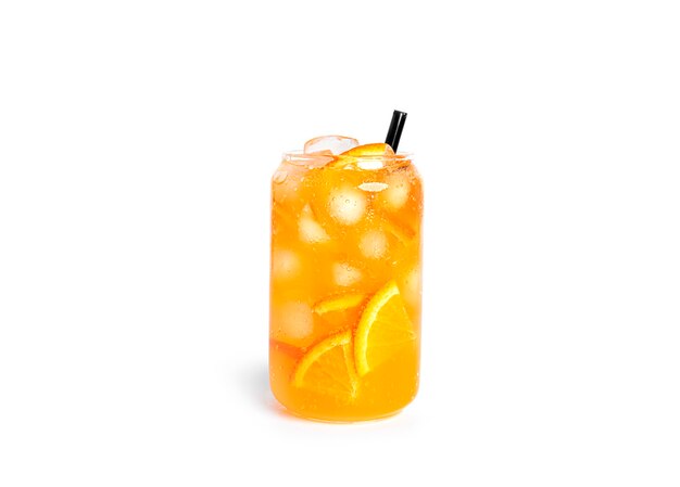 Orange drink with orange slices and ice in a glass isolated.