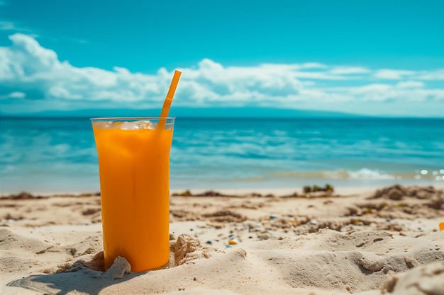 Orange Drink with Straw on Sandy Beach