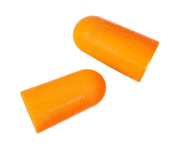 Orange earplugs isolated on white top view clipping path