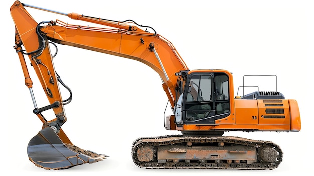 Orange excavator with its arm extended and a large bucket