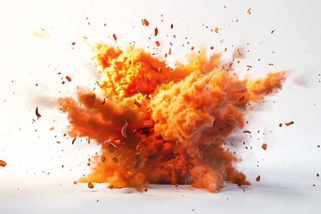 an orange explosion with pieces of debris