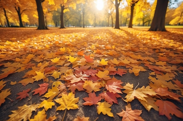 orange fall leaves in park sunny autumn natural background