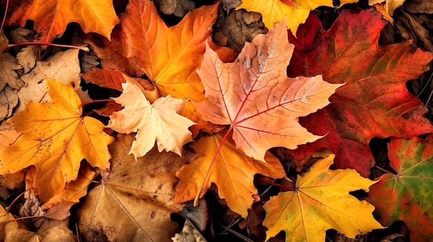 Orange fallen maple leaves in autumn Generative AI