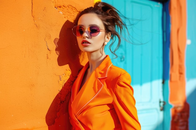 Orange Fashion Stylish Outdoor Portrait of a Young Elegant Caucasian Woman in Colorful Suit and