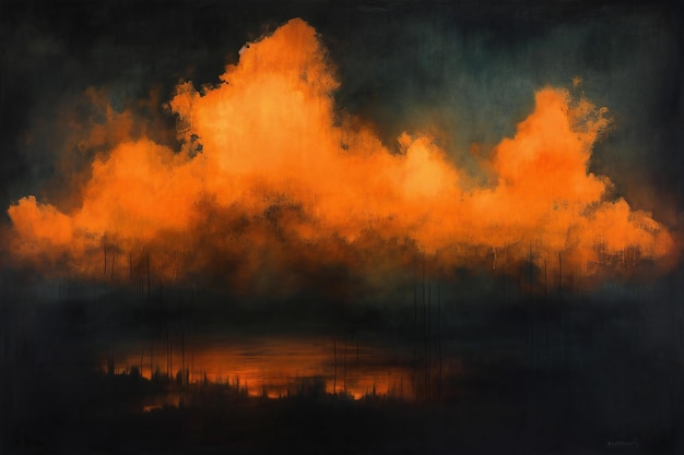 Orange fire on a dark background with reflection in the water Illustration