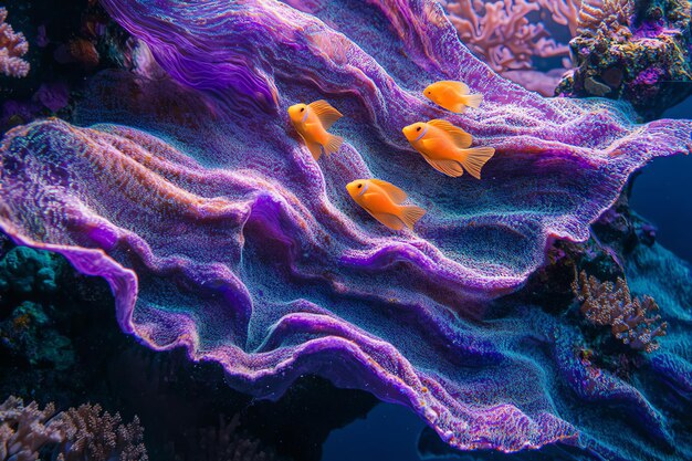 Photo orange fish swimming near purple coral reef underwater