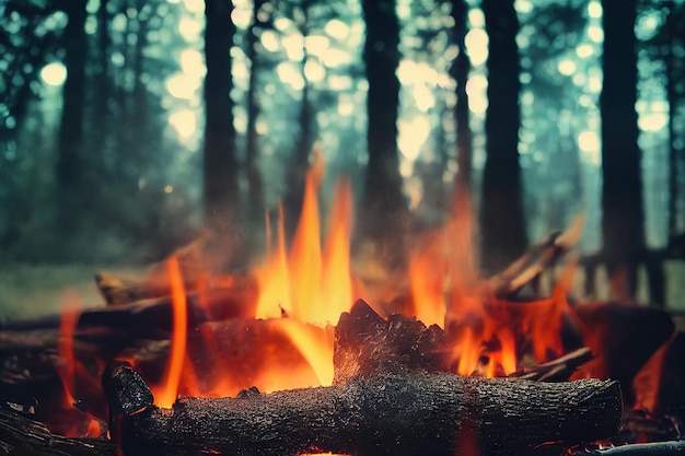 Orange flames of burning campfire in the forest