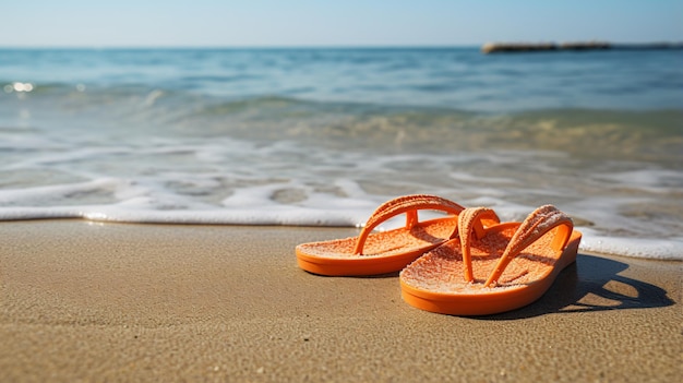 Orange flip flops on beach