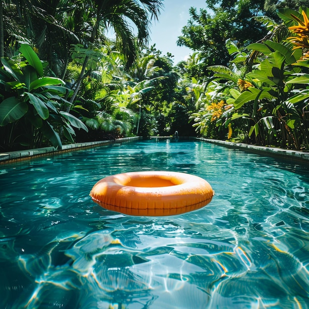 Photo an orange floating device in a pool with a palm tree in the background