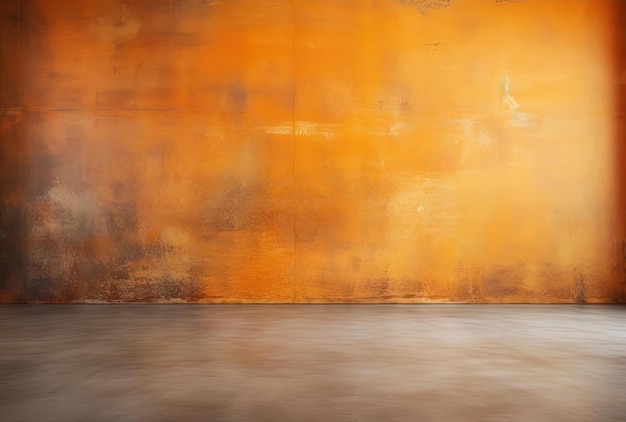 an orange floor and wall with brown concrete in a large room in the style of impressionistic