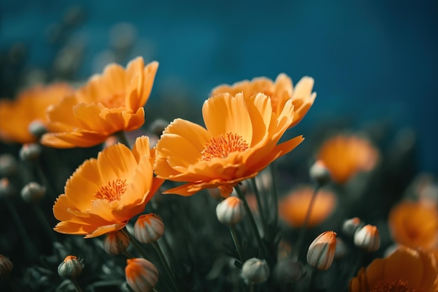 Orange flowers in a field with a blue background