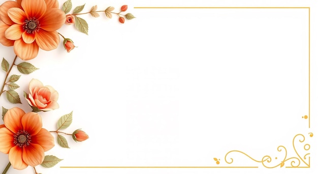 Orange flowers and leaves border a white background with a gold frame