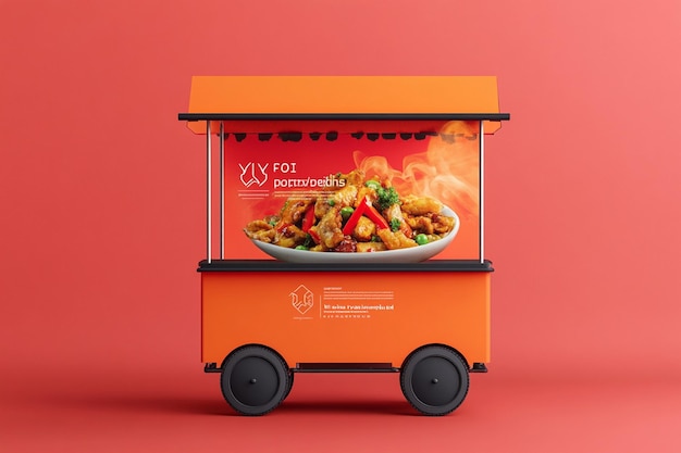 a orange food cart with a bowl of food on it