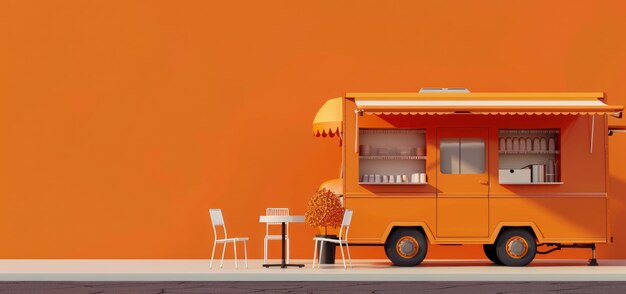 Photo orange food truck with seating area