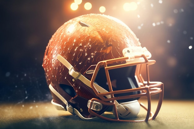 An orange football helmet sits on the field with the word football on it.