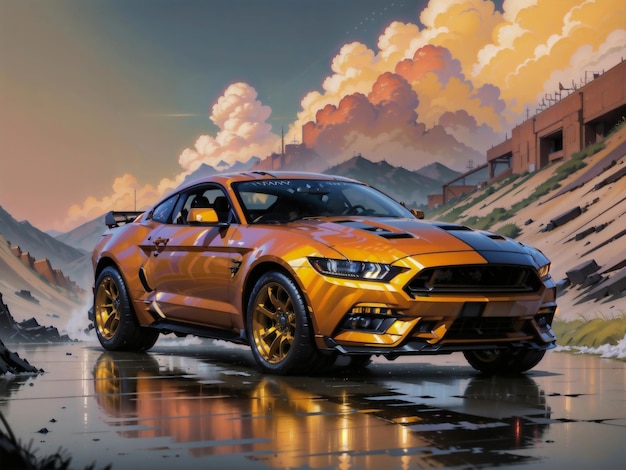 An orange ford mustang is parked in a puddle in the rain.