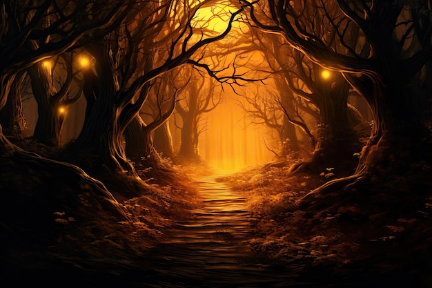 Orange Forest of Mystery and Magic A Filtered Fantasy Path through Wild Trees of Yellow and Orange