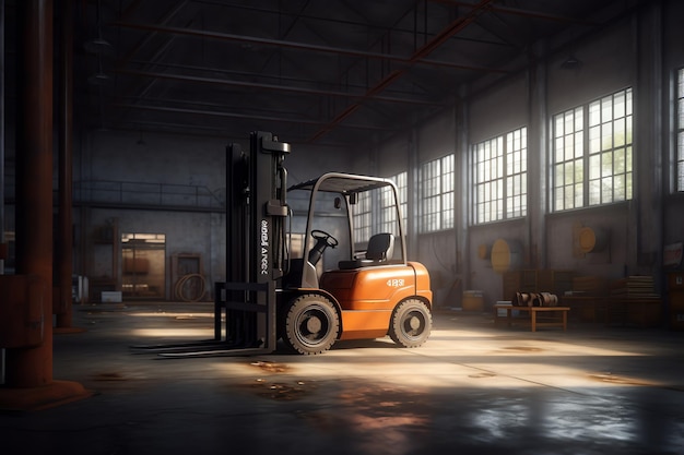 A orange forklift sits in a warehouse with the light on.