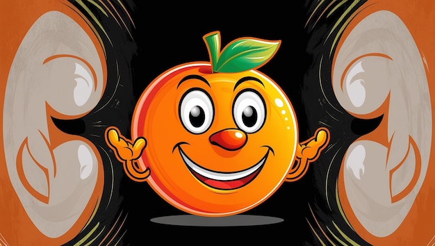 Photo orange fruit cartoon vector illustration mascot with black background