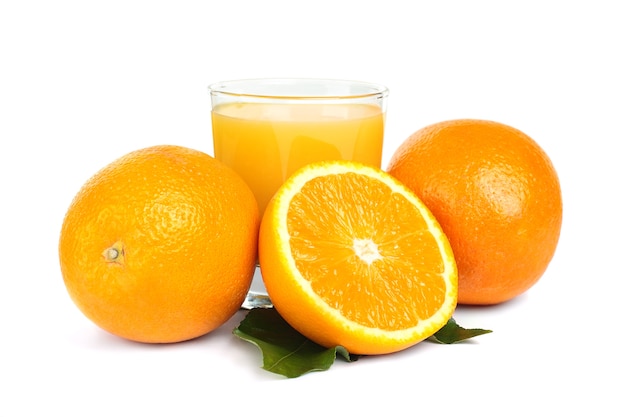 Orange fruit and juice on white